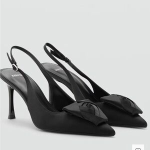 NWT Mango Elegant Black Satin Heels with Flower Bow